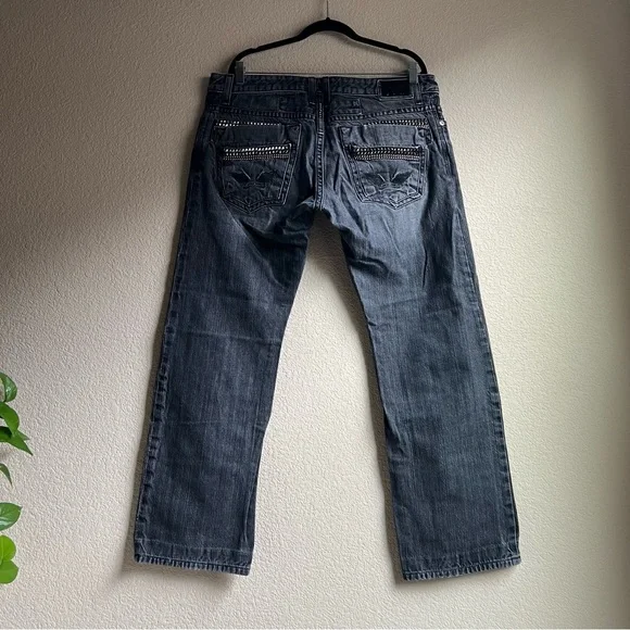 Robin's Jean Men's Raw Denim Straight Leg Black Jeans with Studs, size 38